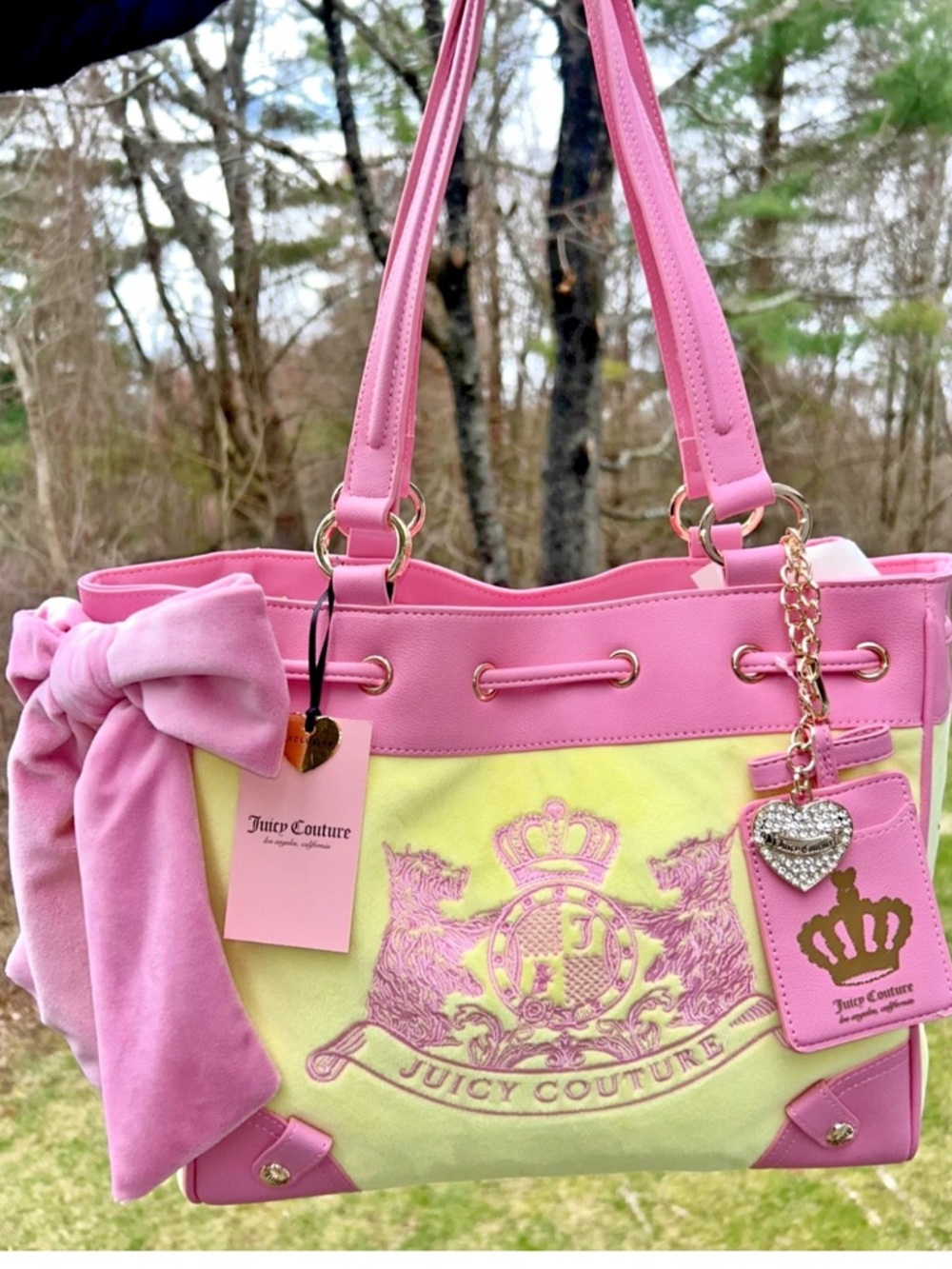 NEW! NWT JUICY COUTURE Daydreamer Classic Scottie Dogs Velour Tote Yellow Iris